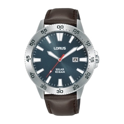 Relógio Lorus com bracelete de pele castanha e mostrador azul escuro