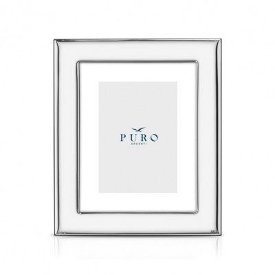 Moldura de fotografia retangular prateada brilhante com texto PURO ARGENTI no centro