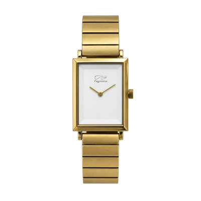 Relógio de pulso retangular dourado com mostrador branco.