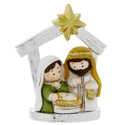 Estatueta de presépio com Maria, José e Menino Jesus na cabana