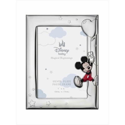 Moldura de fotos prateada com Mickey Mouse segurando balão em forma de coração
