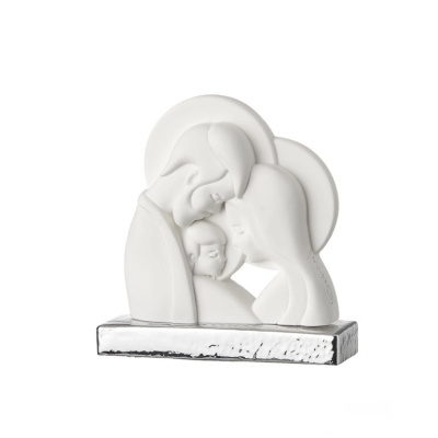 Escultura branca minimalista de Sagrada Família com base prateada