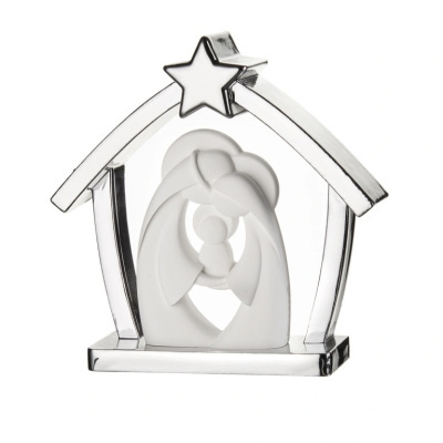 Estatueta decorativa de presépio em prata e branco com figuras abstratas e estrela no topo