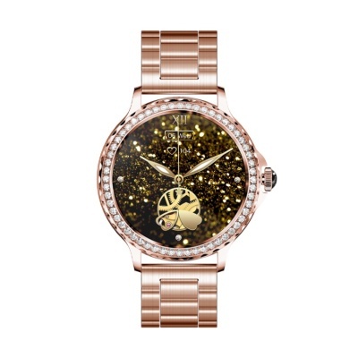 Relógio de pulso dourado rosa com mostrador brilhante e bracelete metálica