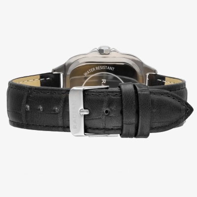 Relógio com bracelete de couro preto e caixa traseira em metal