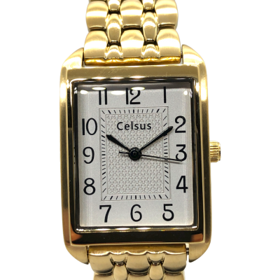Relógio Celsus retangular dourado com mostrador prateado e números pretos