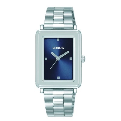 Relógio LORUS de metal prateado com mostrador azul e caixa retangular