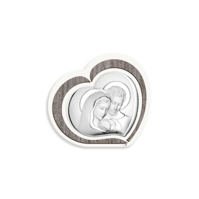 Quadro decorativo em forma de coração com moldura em madeira e gravura prateada da Sagrada Família