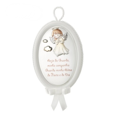 Placa decorativa oval branca com anjo e texto em português