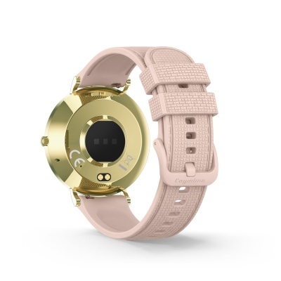 Relógio inteligente dourado com bracelete cor-de-rosa texturizada