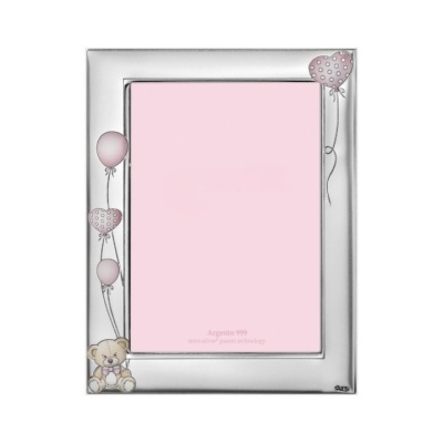 Moldura fotografica prateada com baloes cor-de-rosa e ursinho