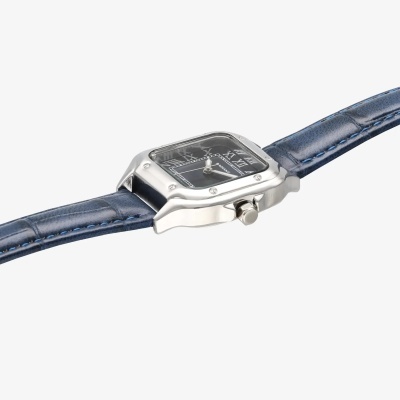 Relógio de pulso quadrado com caixa prateada, mostrador preto e pulseira azul de couro