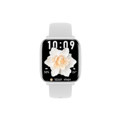 Relógio inteligente branco com ecrã retangular e design floral