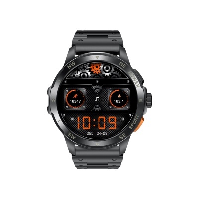 Relógio digital desportivo preto com mostrador tecnológico e bracelete metálica preta