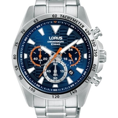 Relógio Lorus cronógrafo com mostrador azul e bracelete prateada em aço inox