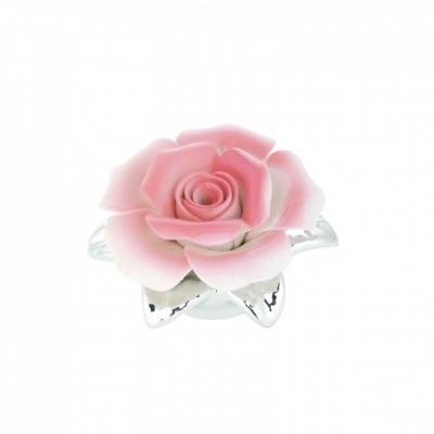 Anel com flor rosa em porcelana e base prateada