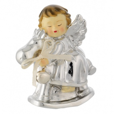 Estatueta de anjo prateado com cavalo de baloiço