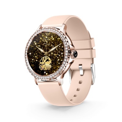 Relógio inteligente rosa com moldura brilhante e mostrador dourado digital