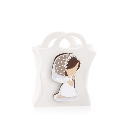Saco decorativo branco com figura de menina de comunhão ajoelhada