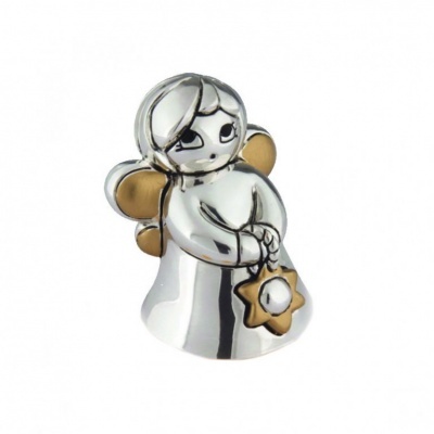 Figura decorativa de anjo em metal prateado e dourado segurando estrela