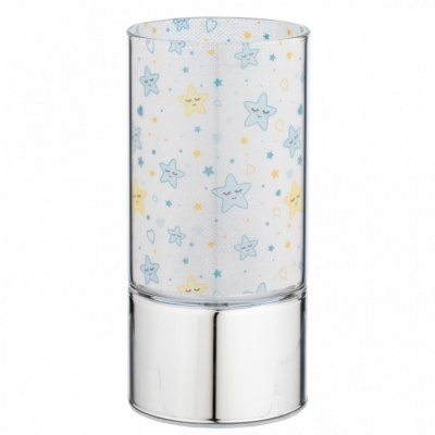 Castiçal de vidro com base metálica e padrão de estrelas amarelas e azuis