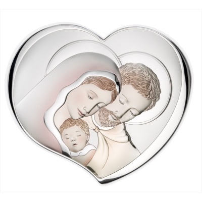 Placa em forma de coração com relevo de Sagrada Família em tons suaves