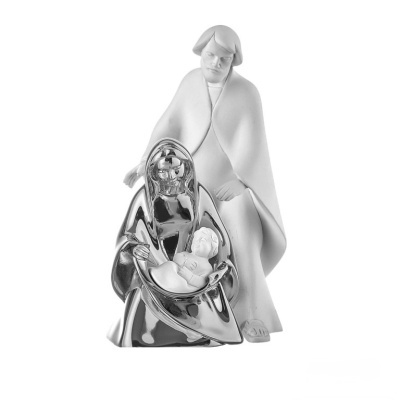 Estatuetas de presépio em cerâmica branca e prateada, Maria, menino Jesus e José