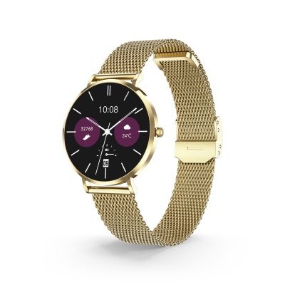 Relógio inteligente dourado com bracelete de malha e mostrador digital preto