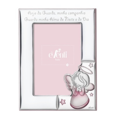 Moldura prateada com anjo rosa e texto decorativo em cinzento