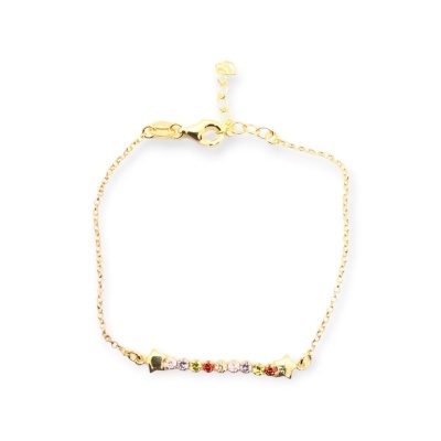 Pulseira fina dourada com pedras coloridas e corrente delicada