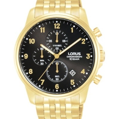 Relógio de pulso dourado Lorus com mostrador preto e cronógrafo