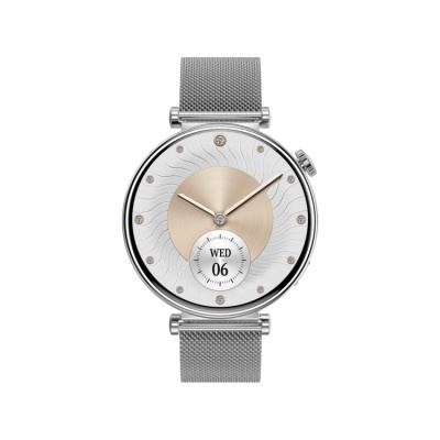 Relógio de pulso metálico com mostrador branco e dourado, indicação de data WED 06