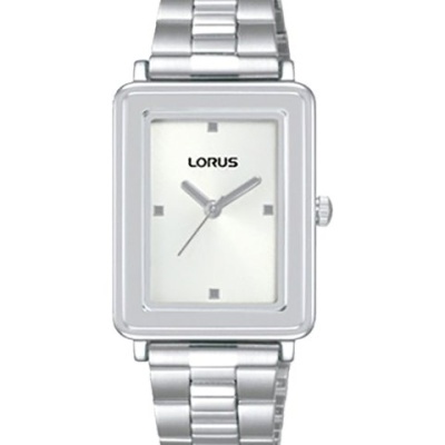 Relógio LORUS metálico prateado com mostrador branco retangular