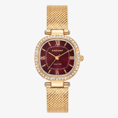 Relógio feminino dourado com mostrador vermelho bordô e pedras ao redor