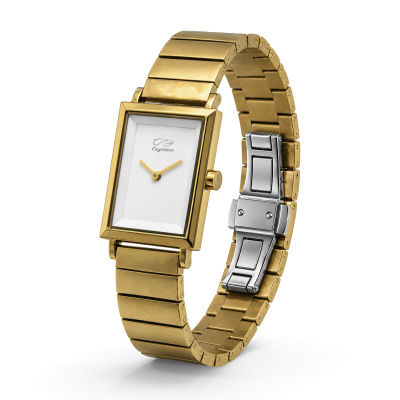 Relógio de pulso retangular dourado com mostrador branco e bracelete metálica