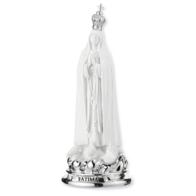 Estatueta decorativa da Virgem de Fátima com coroa prateada e base prateada