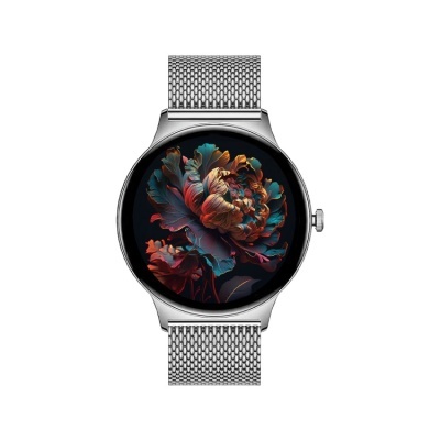 Relógio de pulso com bracelete metálica prateada e ecrã com imagem de flor colorida