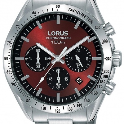 Relógio Lorus Chronograph com mostrador vermelho e bracelete aço inox