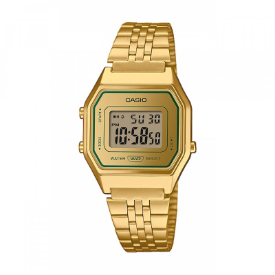 Relógio digital dourado CASIO com bracelete em metal e ecrã retangular verde
