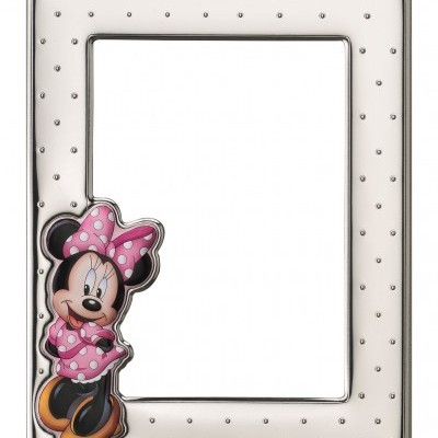Moldura branca com pontos prateados e figura da Minnie Mouse em vestido rosa com bolinhas brancas