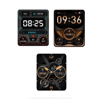 Três mostradores digitais para relógios inteligentes com design preto e laranja a mostrar hora, passos e batimentos.