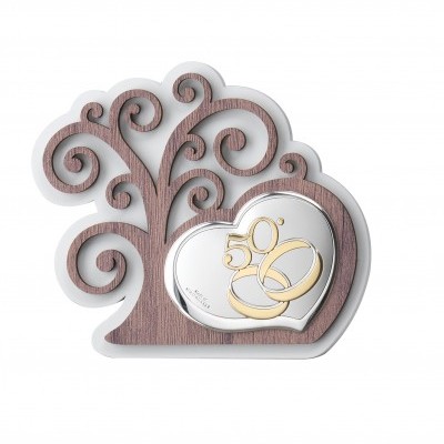 Quadro decorativo formato árvore com coração metálico e anéis dourados 50°.