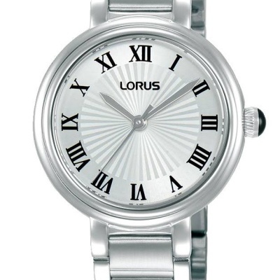 Relógio de pulso LORUS em metal prateado com mostrador branco e numerais romanos