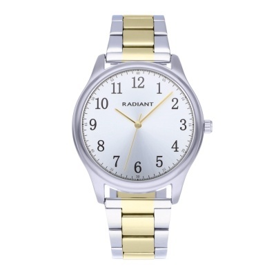 Relógio Radiant com bracelete prateado e dourado e mostrador branco com números pretos