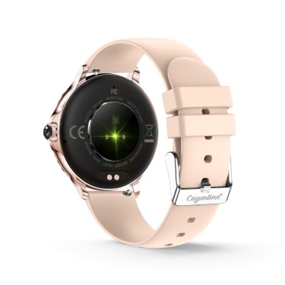 Smartwatch com bracelete bege e caixa redonda preta com sensor no centro