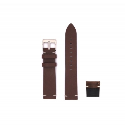 Pulseira de relógio em pele castanha com fivela prateada e peça adaptadora