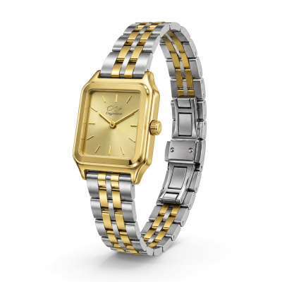 Relógio quadrado dourado com pulseira metálica bicolor