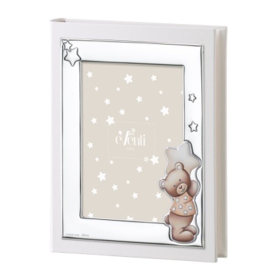 Moldura branca com barra prateada, urso em relevo e estrelas decorativas