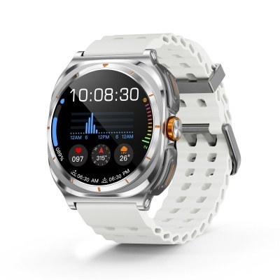 Relógio inteligente com bracelete branca perfurada e mostrador digital redondo com dados de saúde e clima.