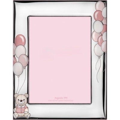Moldura prateada com balões cor-de-rosa e branco e ursinho sentado